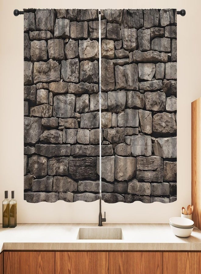 LOMADIA Retro Stone Brick Wall Blackout Curtain,Rocks Stone Wall Nature Scenery Rod Pocket Drapes Treatments Window Curtains for Kitchen Living Room Office Cafe Decor 21" W x 45" L (Pack of 2) - Image 1